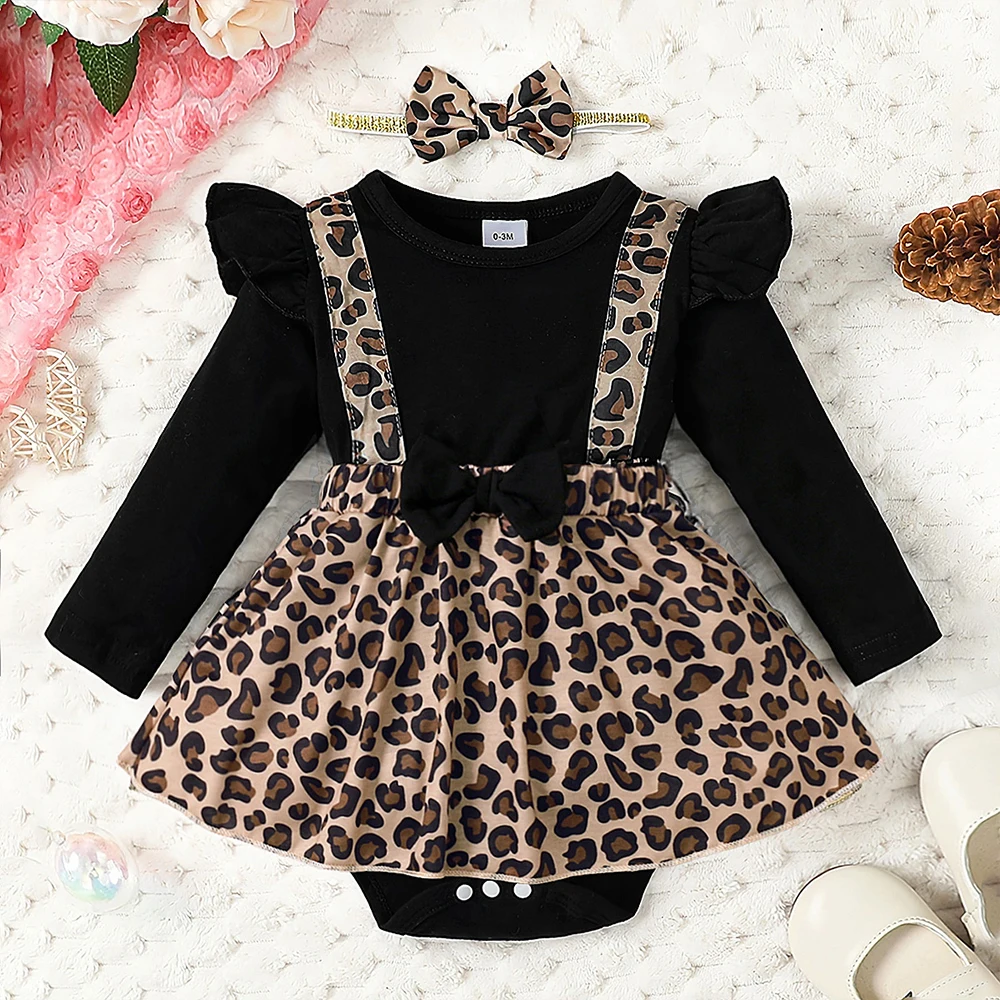 LAPA 0-18M Autumn Onesie Clothes 2pcs Set Baby Girls Leopard Printed Romper Dress Long Sleeve Bow Baby Bodysuits with Headband