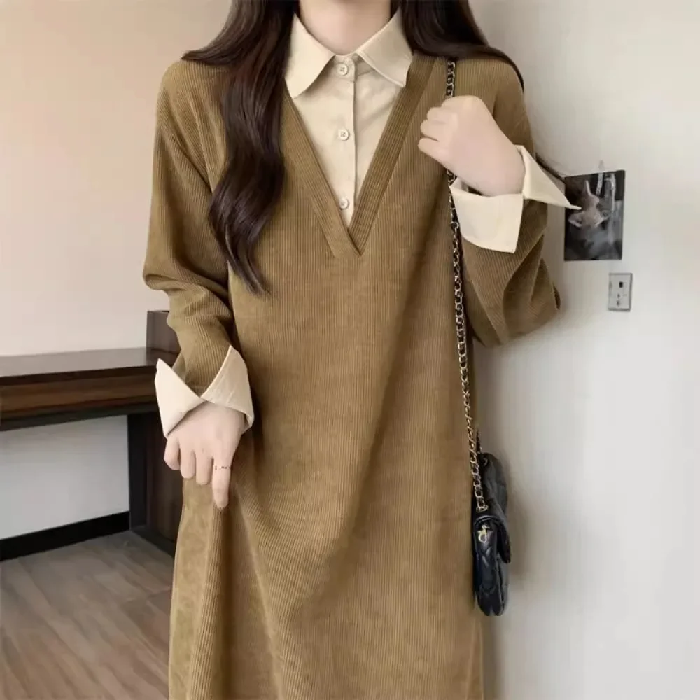 

Fake two-piece polo neck dress female 2024 autumn dress plus size loose fashion temperament early autumn loose belly dress