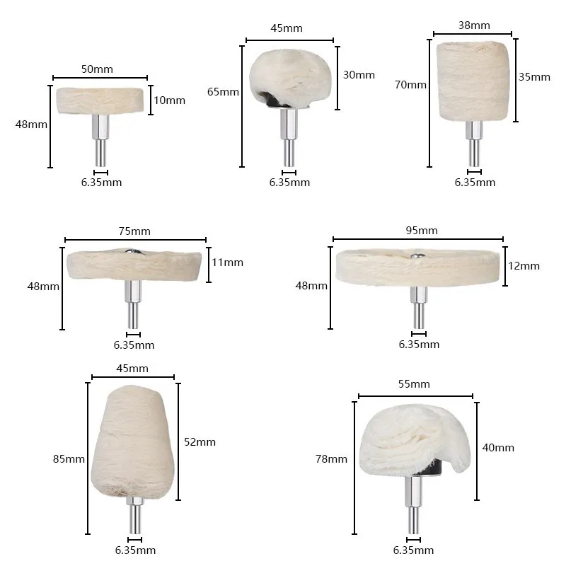 CMCP-juego de ruedas de pulido de fieltro de lana, vástago de 6,35mm, herramienta rotativa de pulido, accesorio, broca de rueda de tela para Dremel