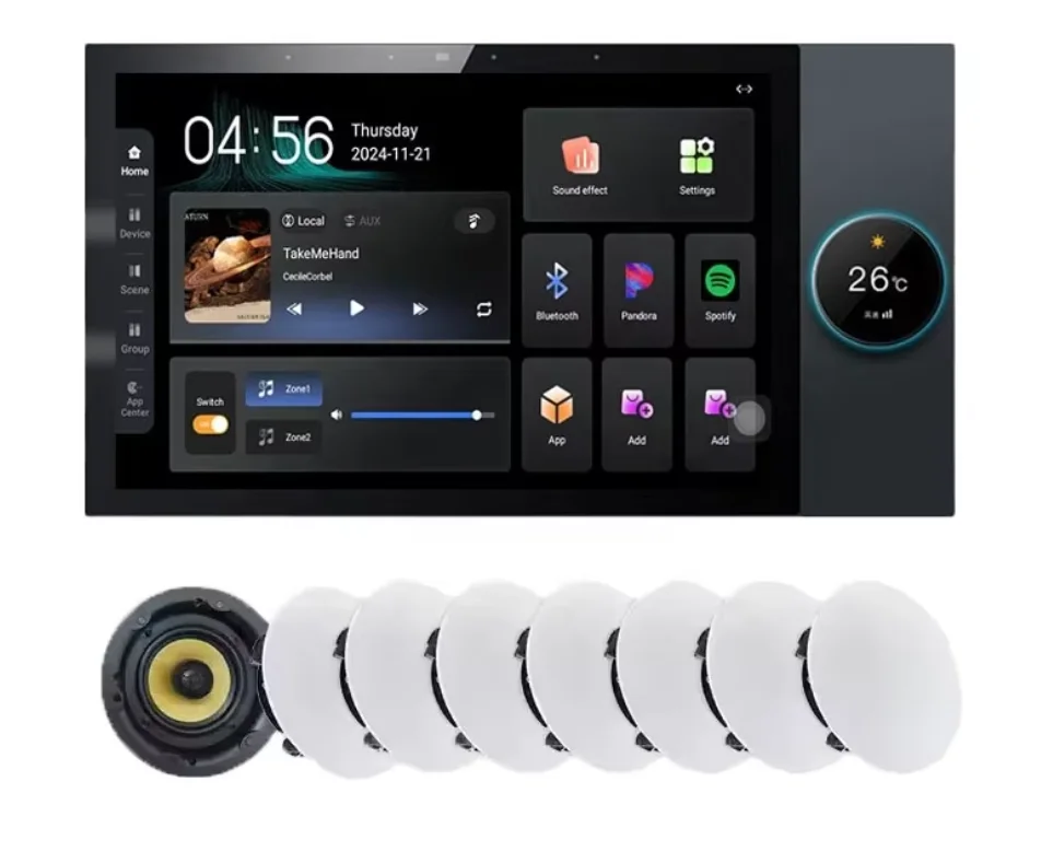 

Tuya Smart Home 7-inch Touch Screen Control Panel Background Music Zigbee Smart Switch App Control and 8*Ceiling Speakers Q7