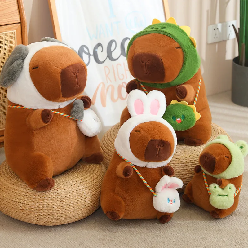 25~50CM Funny Capybara Wear Rabbit/Frog Hat Crossbody Bag Plush Toys Cartoon Animals Stuffed Dolls Holiday Gift Home Sofa Decor