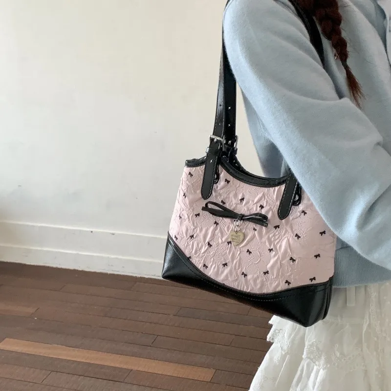 水玉レース蝶結びパッチワーク脇の下バッグ大容量トートバッグシングルショルダーバッグかわいい女の子韓国風