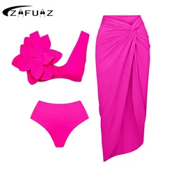 Conjunto de Bikini Floral con volantes para mujer, traje de baño con flores de dos piezas de cintura alta en 3D, falda de playa, 2023