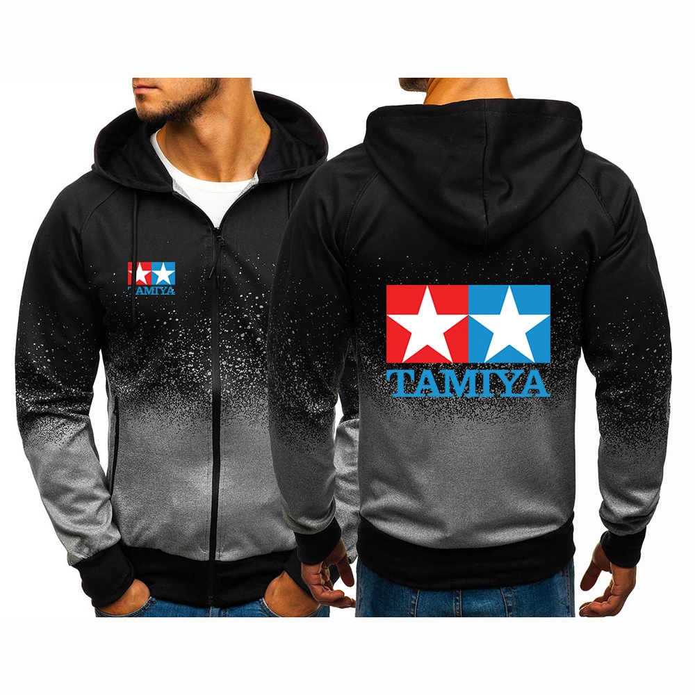 

2024 Spring Autumn Men's TAMIYA Legendary 90 Car Toy Classic Logo Print Fashion Long Sleeve Sports Gradient Color Hooded Jackets
