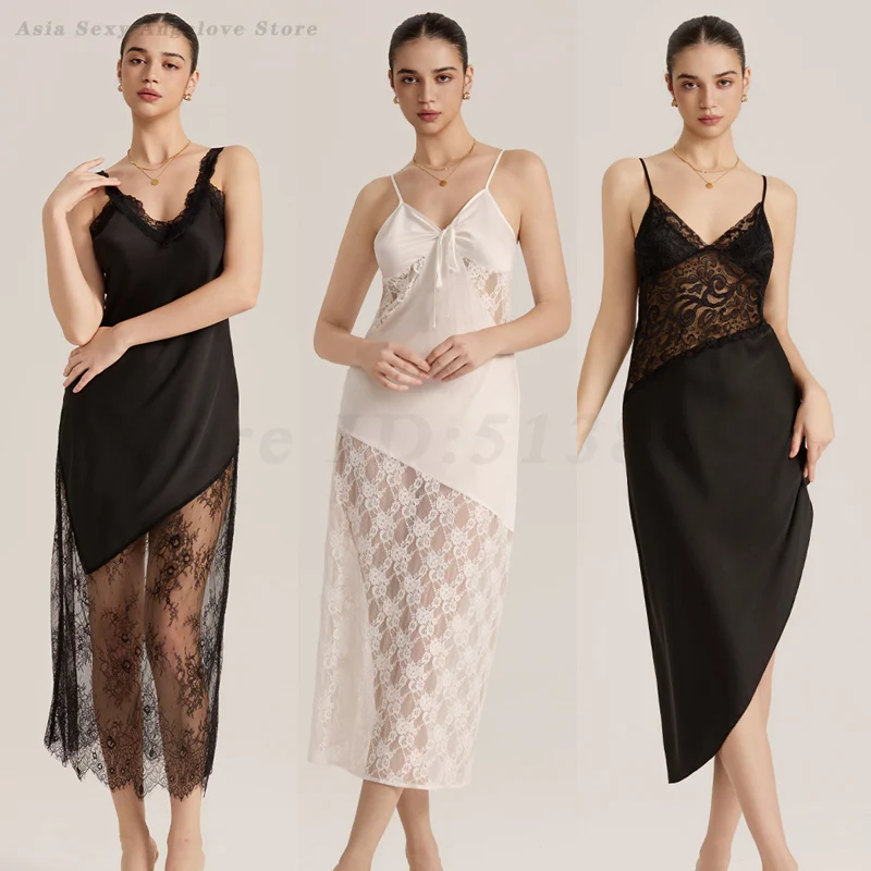 

Sexy Perspective Lace Long Sleep Dress Women Nightgown Intimate Lingerie Satin Nightdress Nightwear Homewear Loose Loungewear