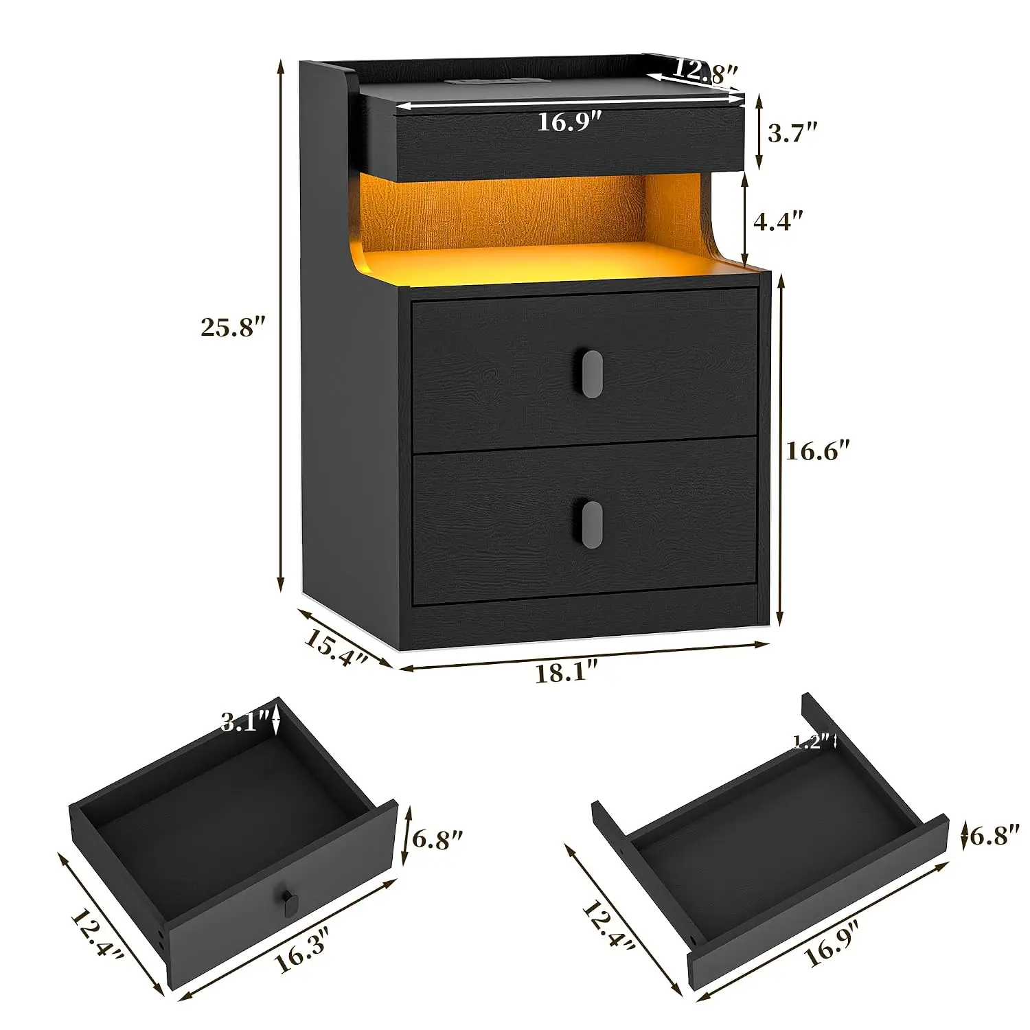 Nightstand with Charging Station RGB Light 2 Drawers & Hidden Compartment USB Ports End Table Bedroom, Customized