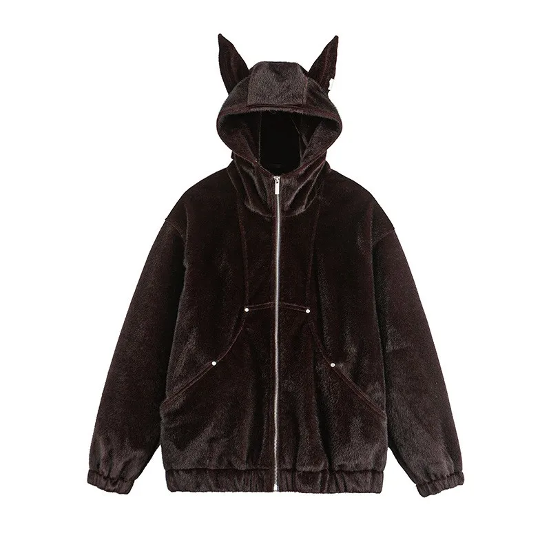 

Rabbit Hair Texture Hooded Jacket Man, Y2K Stand Collar Mans Coat, Streetwear Woman Winter Jackets