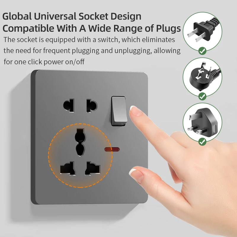Tomada de parede universal com porta usb e tipo c, compatível com reino unido, au, eua, th, tomada de parede padrão da ue, com interruptor