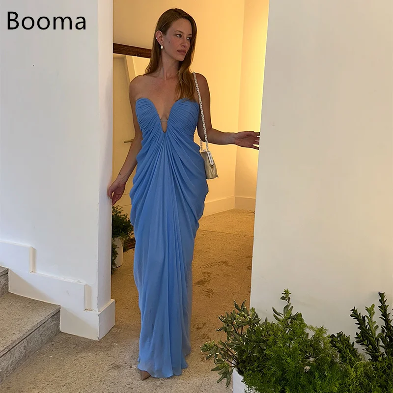 

Booma Mermaid Strapless Bule Pleat Simple Evening Dresses Long Chiffon Formal Dresses for Women Elegant Prom Gowns Custom Made