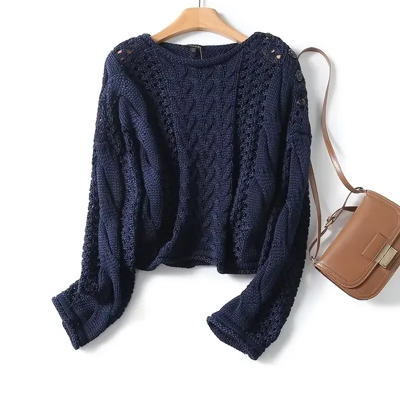 

Maxdutti Elegant Navy Vintage Sweaters Women Hollow Color Out Casual Knitwear Pullovers Women Tops