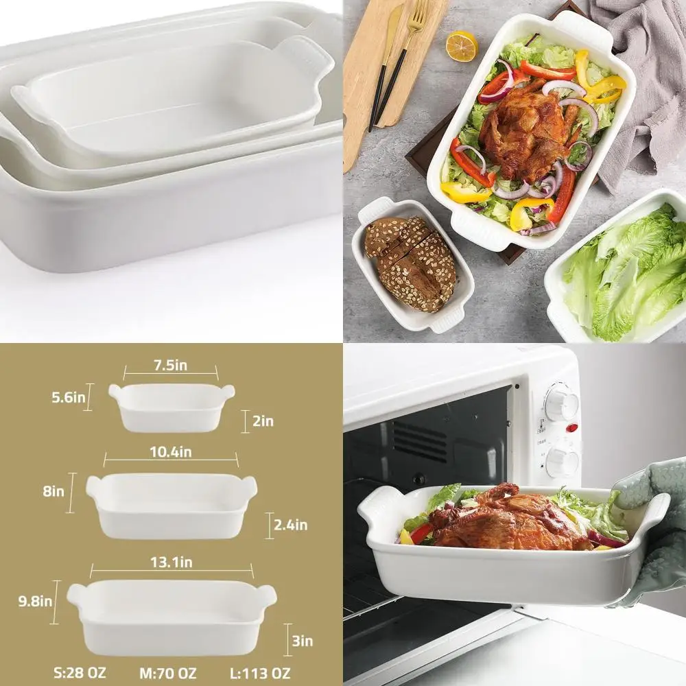 

White 9x13 Ceramic Baking Dish Set with Handle, 3-Piece Rectangular Casserole Ovenware, Durable Deep Lasagna Pan, Perfect for Ki