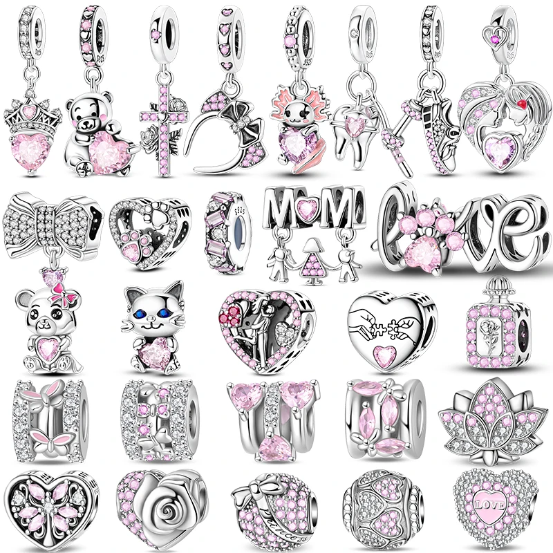 

925 Sterling Silver Pink Charms Beads Butterfly Perfume Bottle Crown Heart Shaped Zircon Charms for Women Fine DIY Jewelry Gifts