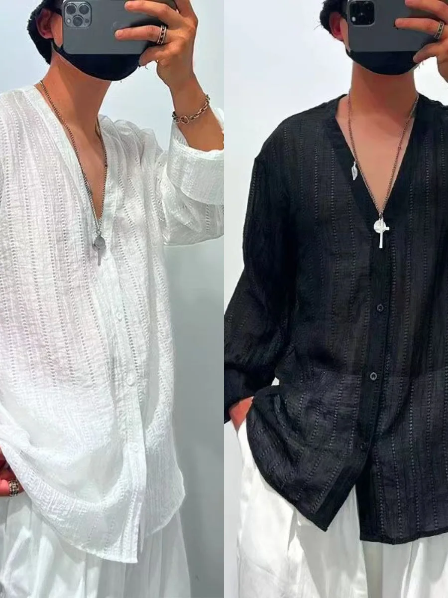 

Мужская свободная повседневная футболка из полиэстера с V-образным вырезом, однотонная, с кружевом, без принта, осень 2025, европейский стиль