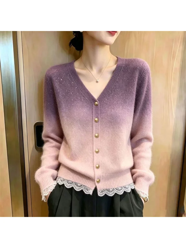 High-End Gradient Color Knitted Long Sleeve Open Cardigan Women's Autumn Winter New Style Lace Trim Loose Outerwear V-Neck Sw...