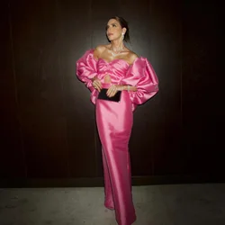 Trendy Bubblegum Pleated Satin Long Evening Gowns Off Shoulders Puffy Sleeve Sweetheart Mermaid Banquet Dress Celebrity Dress