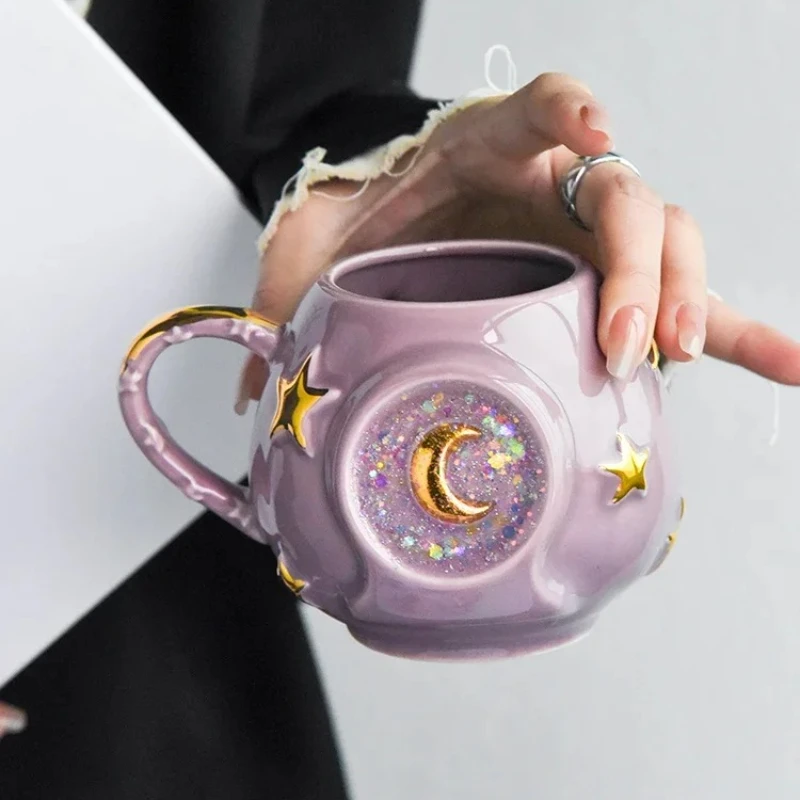 Ceramic Starry Sky Cup Sparkling Cup with High Appearance, Colorful Stars, Creative Birthday Gift, Mug with Hand Gift, Water Cup