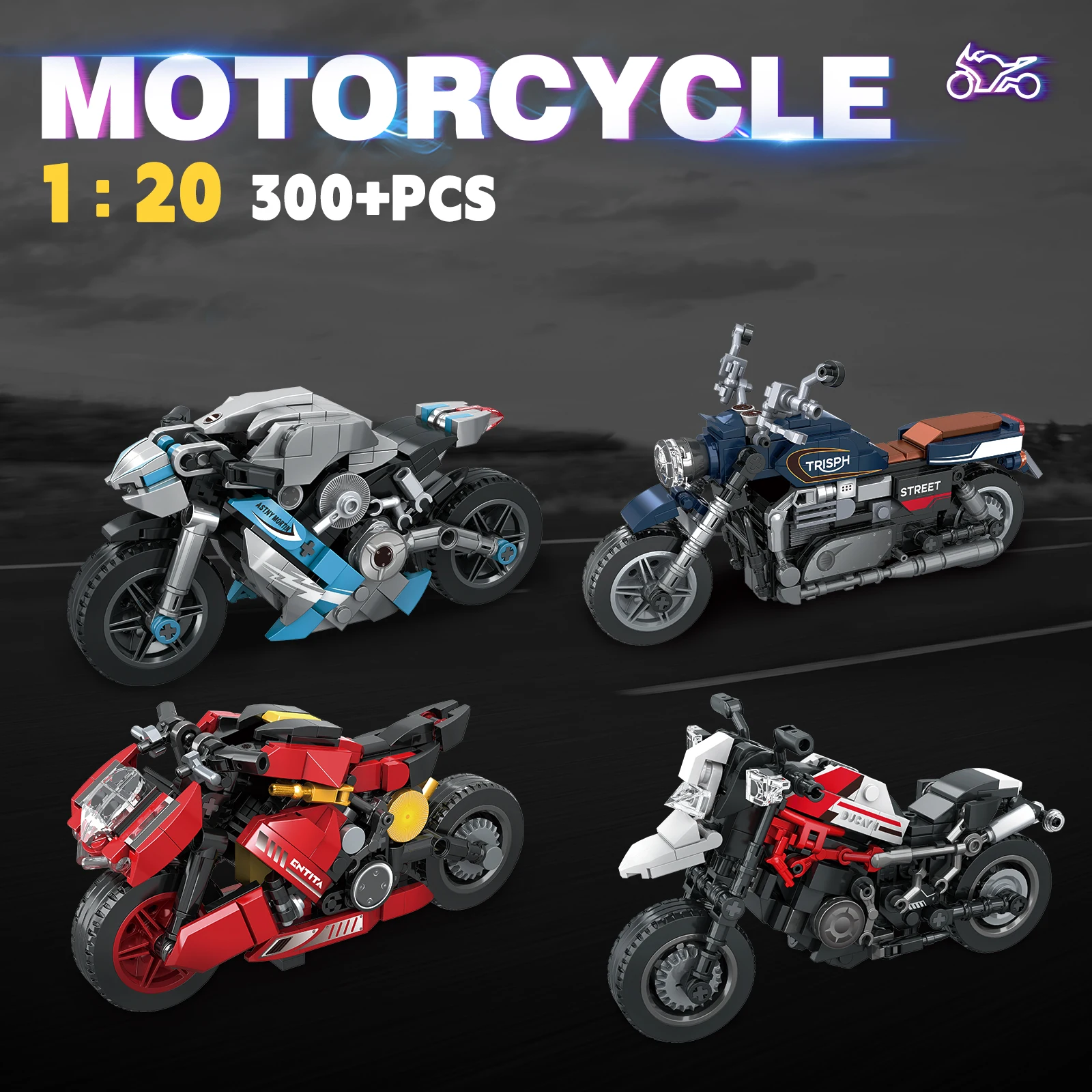 

1:20 строительные блоки для мотоцикла, модель 300 + шт., кирпичи, дорожное рикрование, маленькие частицы, собранная, детская игрушка, подарок на день рождения для мальчиков
