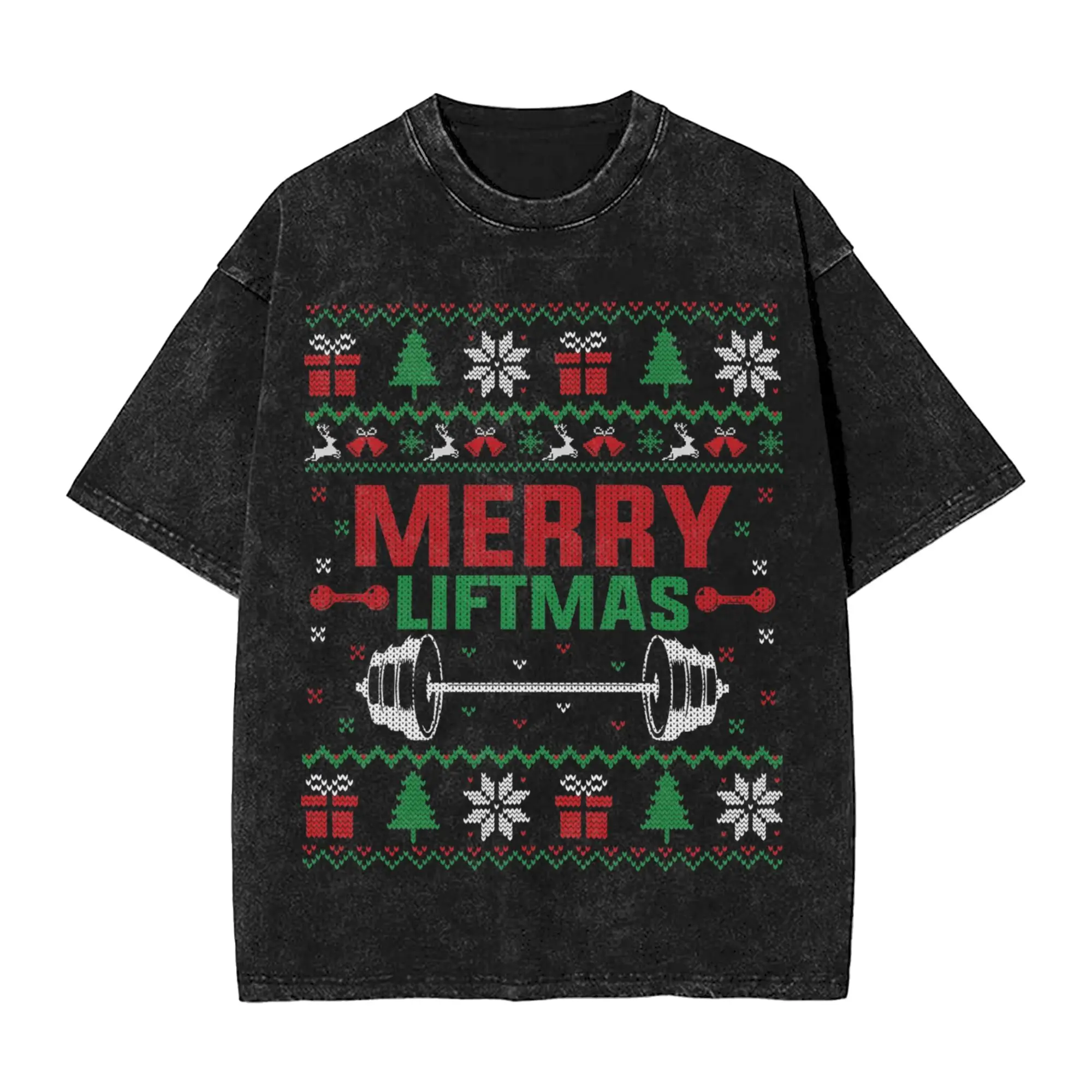 

Merry Fitmas Liftmas Ugly Christmas Gym Fitness Washed Футболка Уличная одежда Хип-хоп Винтажная футболка Футболки Топы для мужчин и женщин