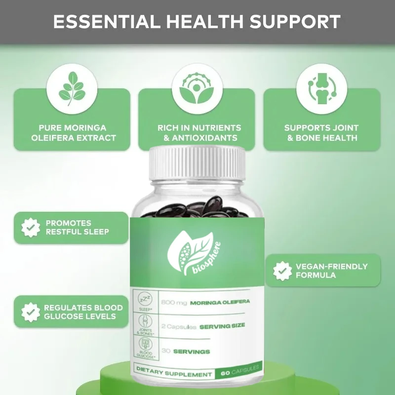 

Moringa Capsules 800mg Natural Energy Joint & Immune Health Support Moringa Oil Tea Powder Supplement 60 Vegetable Capsules
