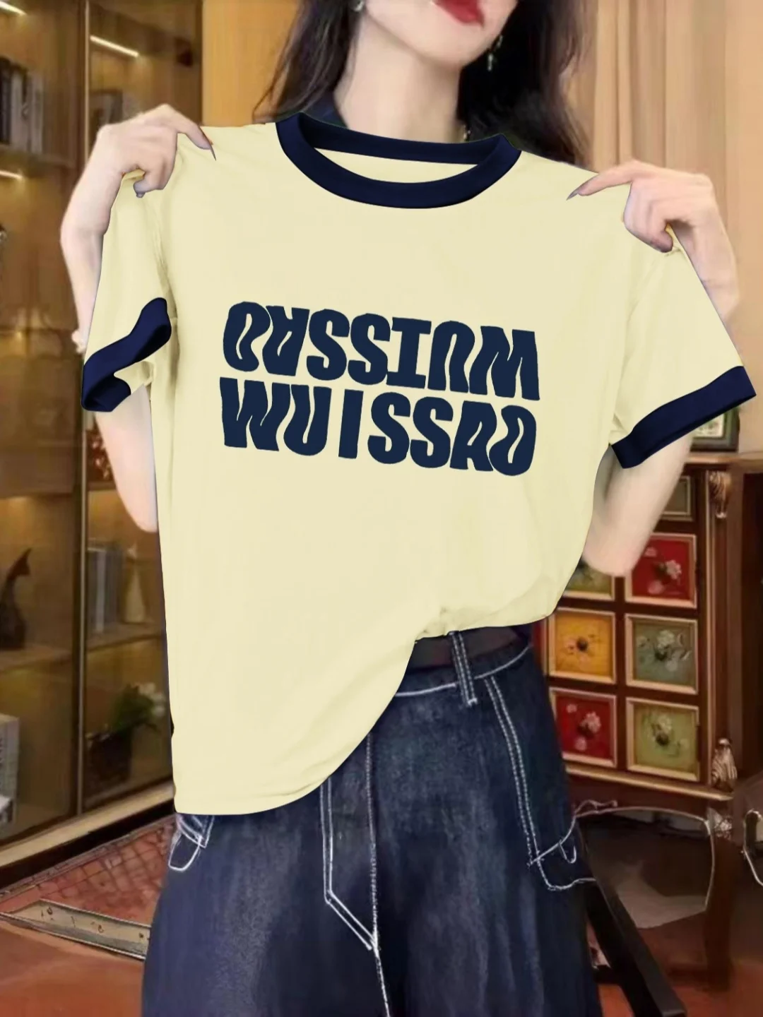 루즈핏 그레이 반팔 티셔츠 여성 여름 캐주얼 스타일 컬러 블록 디자인 슬리밍 효과 편안한 코튼 탑