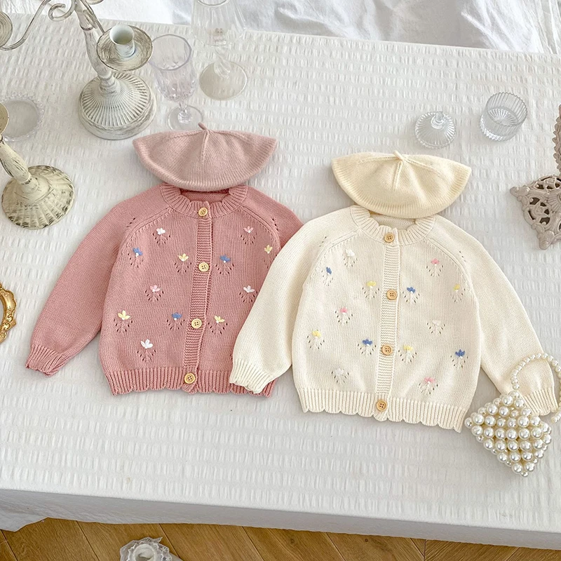 2024 New Autumn Children Clothes Newborn Baby Girls Sweater Coat Floral Embroidery Toddler Baby Girl Knitting Cardigan Coat