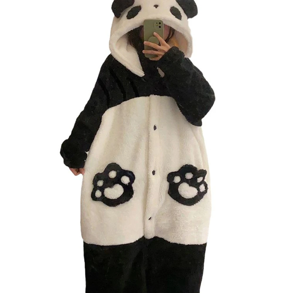 Cartoon Panda Cosplay Nightdress Women's Bathrobe Winter Flannel Warm Long Sleeve Robes Thick Plus Size Nightgowns Nightwear