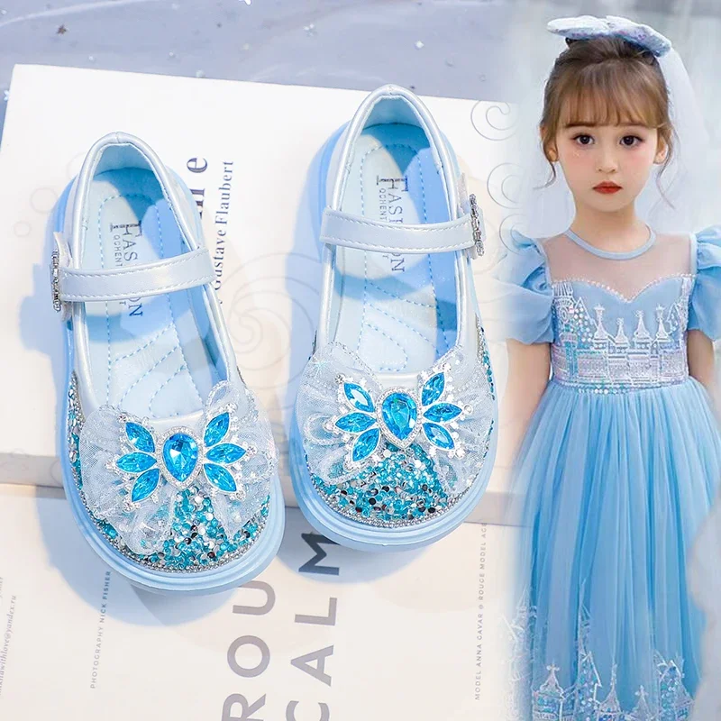 

Children Flat Shoes Lace Bows Glitter Sequins Kids Leather Shoes Round Toes 2025 New Fashion Girls Princess Shoes Hook&loop