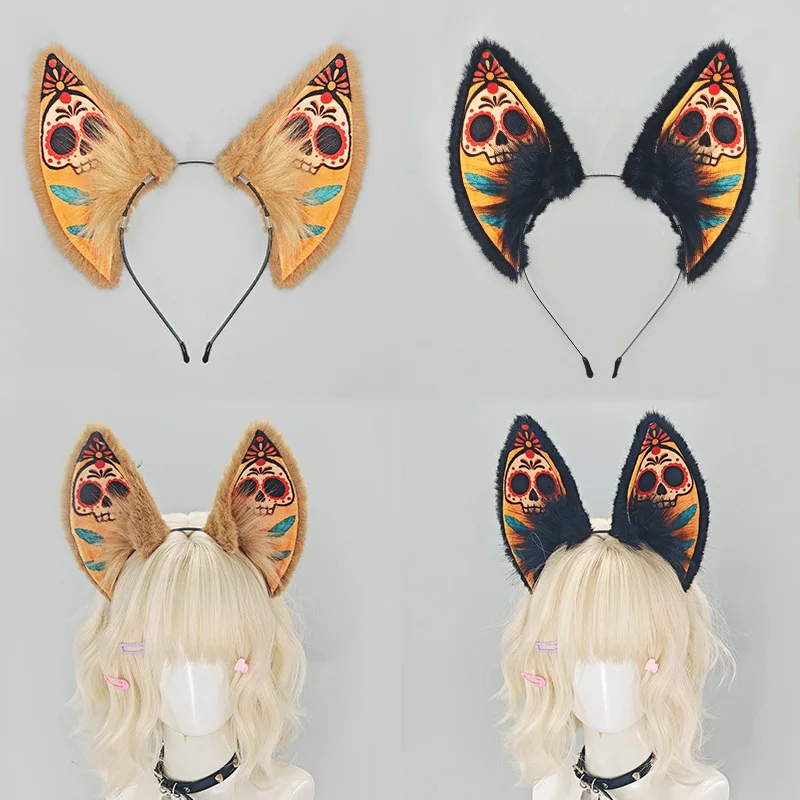 Dark Halloween Fox Ear Hairband Anime Expo Wolf-ear Cosplay Headwear Halloween Skeleton Plush Beast Ear Gifts for Child/ FriendD