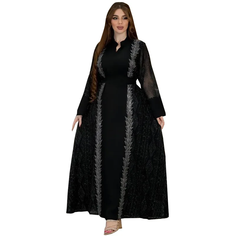 

Luxurious Dress Colorblock SheerTulle Embroidered Dress Sequin FloralBeaded Belted Dress Arabic DubaiElegant Modest AbayaGown