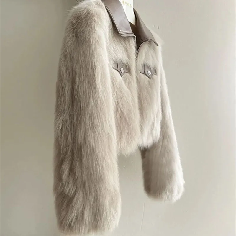 

New Autumn Winter Women's Faux Fur Jacket New Flip Collar Imitation Fox Fur Plush Fur Short Coat Female Casual Top Outerwear