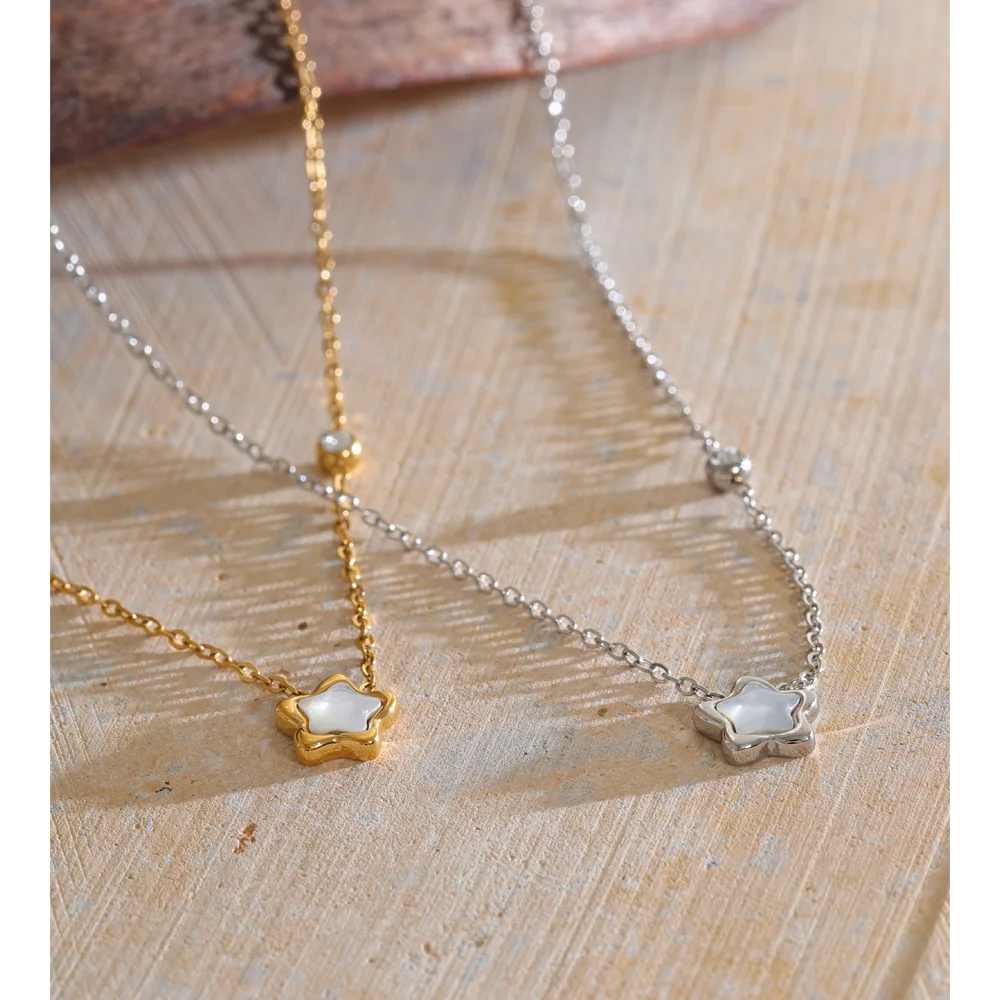 Yhpup Stainless Steel Natural Shell Star Pendant Necklace Stain Less Metal Chain Exquisite Stylish Arrivals Jewelry