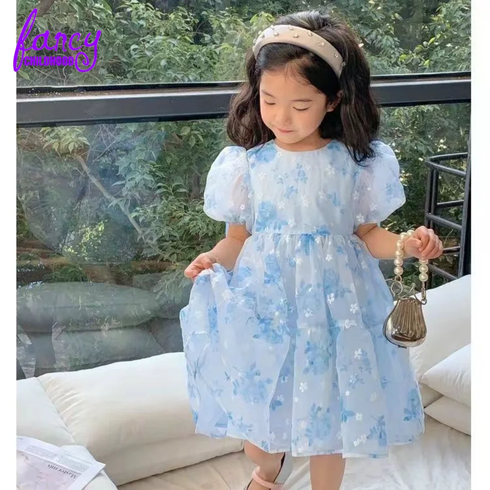 Summer Lace Princess Dress with Back Bow Toddler Girls Clothes Kids Dresses Puff Sleeve Wedding Evening Dress for Children