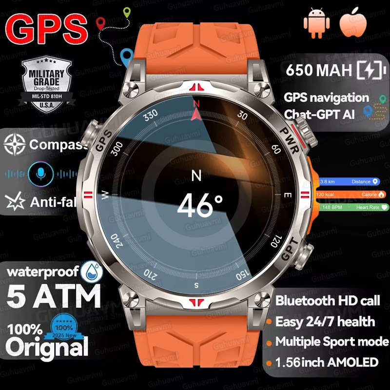 

Смарт-часы военного класса для мужчин, GPS-компас, часы с высотомером, 1,56 дюйма, AMOLED, 5 атм, водонепроницаемые, спортивные, фитнес-трекер, BT Call, умные часы