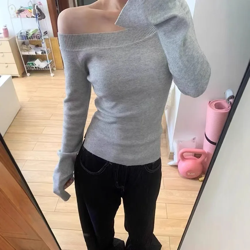 Women's Diagonal Shoulder Knitted Sweater Solid Color Gray Slim Pullovers Hotgirl Y2k Streetwear Tops Woman Autumn Spring