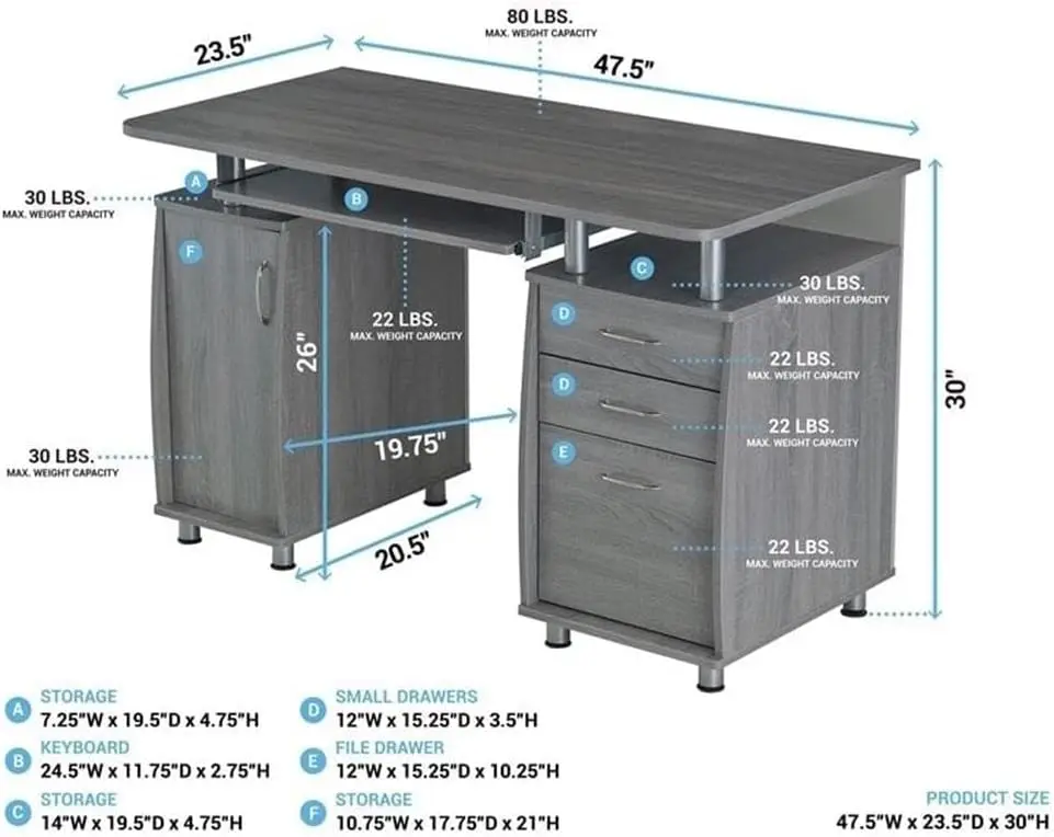 Mesa larga para computador de escritório doméstico de 48"" em cinza com armário de armazenamento de CPU e armário de arquivo suspenso, cinza