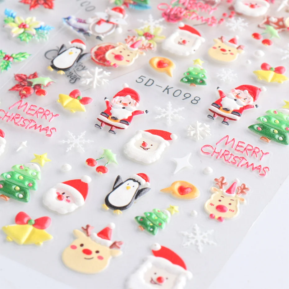 5D Embossed Christmas Cartoon Nail Stickers Bird Snow Flowers Santa Gingerbread Winter Sliders New Year Decoration SADK098-103