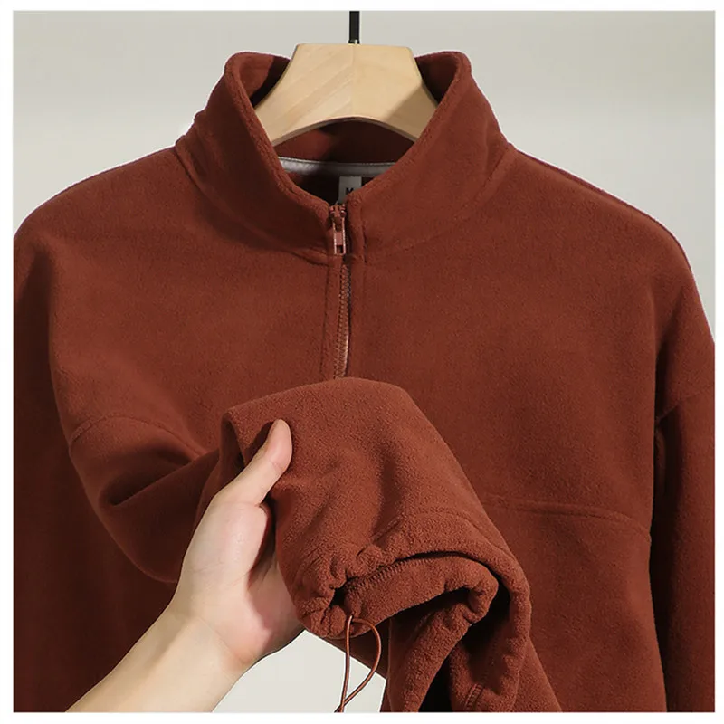 Double Side Fleece Warm Pullovers Half Zipper Turtleneck Sweatshirt For Men Solid Drawstring Hem High Street Jackets Male Tops