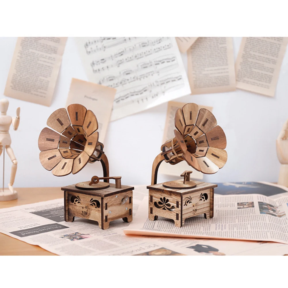 

Decorative Music Box Wooden Retro Phonograph Design Miniature Handmade Music Box For Birthday Valentine's Gift