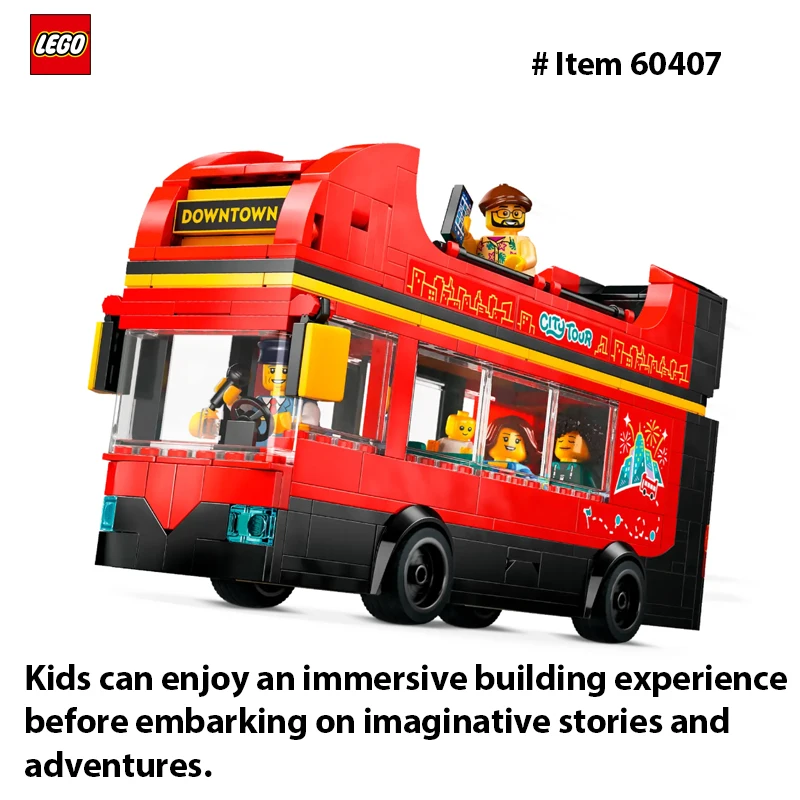 LEGO 60407 City Red Double-Decker Sightseeing Bus Toy Vehicle Set, London Bus,  5 Characters Including a Baby and Stroller