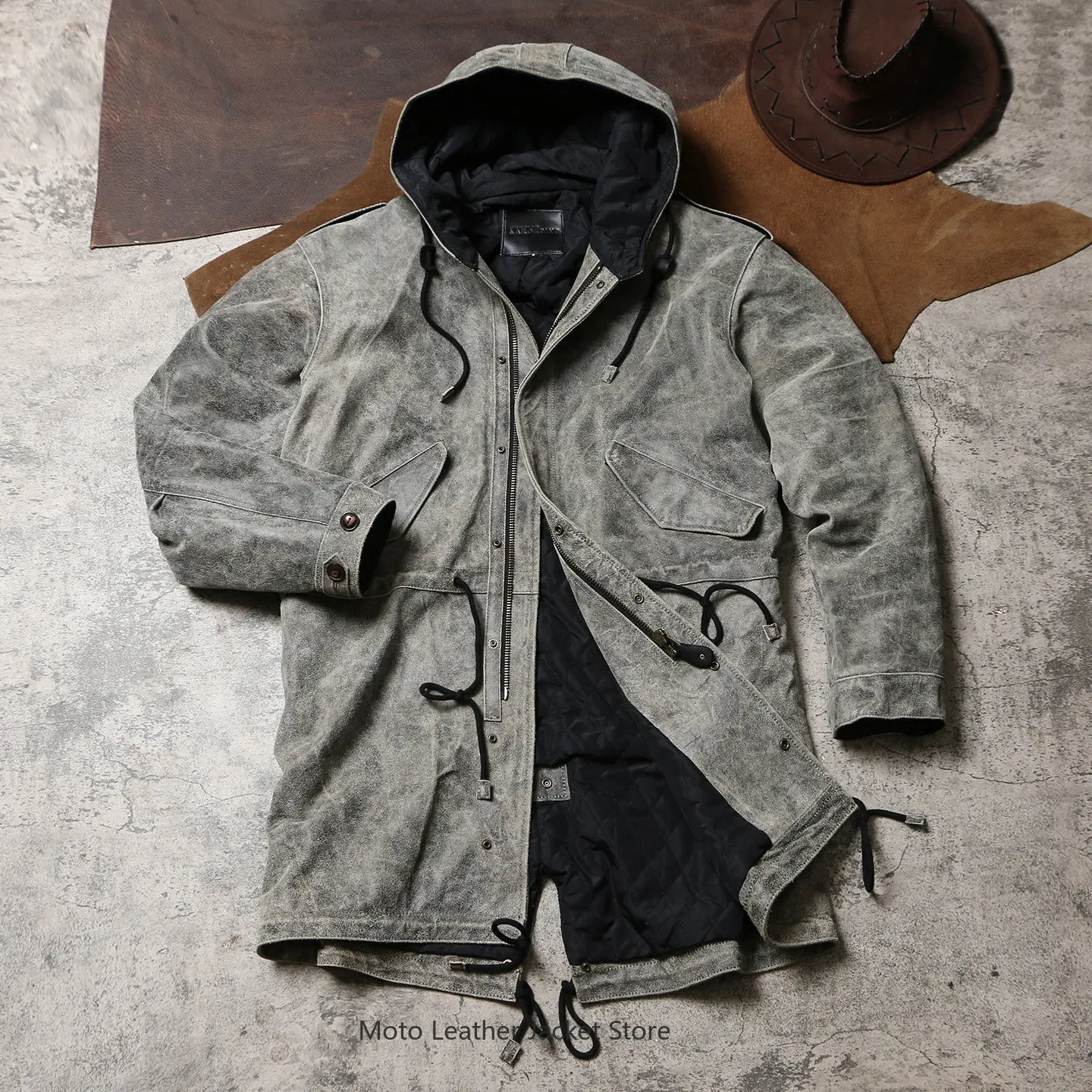 M51 Vintage Distressed Mid-length Quilted Leather Coat, Autumn Winter Warm Cracked Suede Cowhide Retro Genuine Leather Outerwear