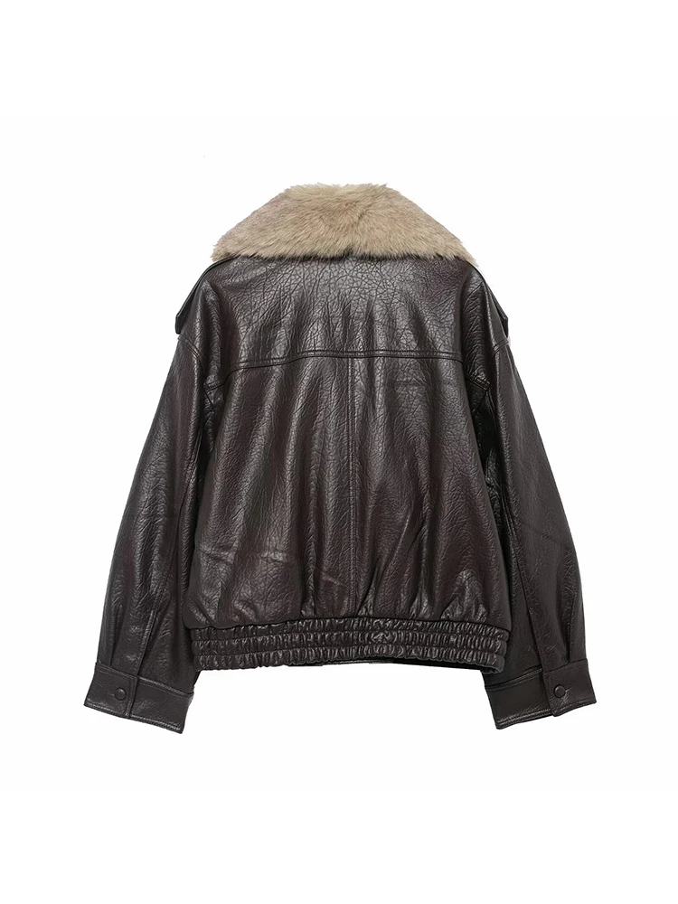 Femmes nouveau élégant col de fourrure vestes femmes à manches longues en cuir Patchwork Double boutonnage veste ample vêtements d'extérieur pour femmes