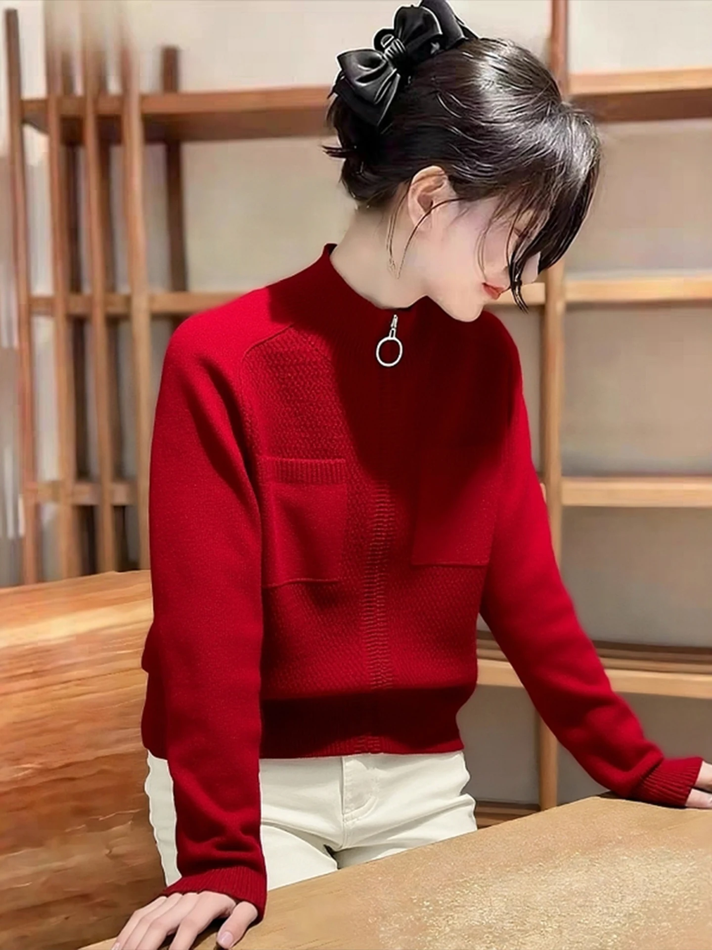 

Cisas Red Camere трикотаж на молнии длинный све модный белый усиливающий для поездок на работу чистый цвет зима Новое поступление