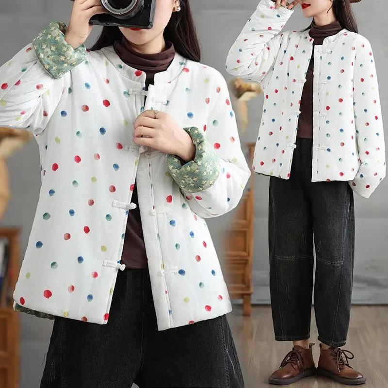 Polka Dot Coat Chinese Style Cotton Jacket Short Style Design Cute Autumn And Winter Outerwear Casual Quilted Tops k2589