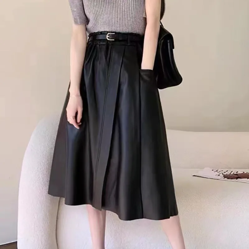 

2023 New Autumn and Winter Pleated Elastic Waistband Belt, Simple High Waist Skirt, Genuine Leather Sheepskin Skirt for Women