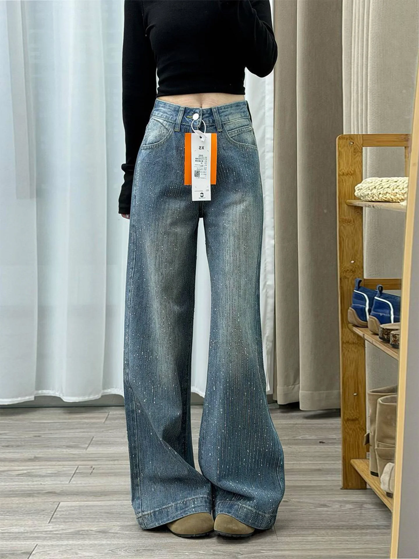 

American Style plus Size Blue Jeans Women's Loose Fit Glitter Diamond Embellished High Waist Vintage Long Pants Casual Wear