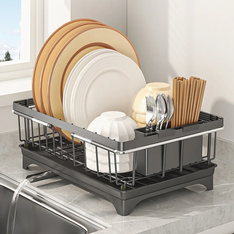 Dish Drying Rack on Sink Retractable Tableware Single Layer Iron Drying Basket with Water Outlet Pipe