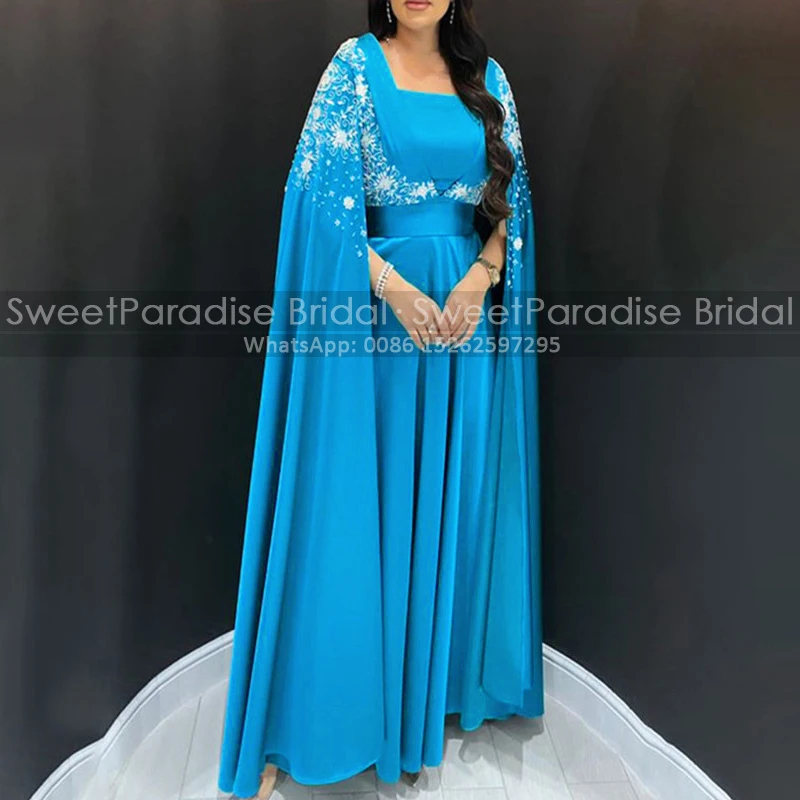 Customized Blue A Line Mother of the Bride Dresses With Shawl Cloak Long Appliques Square Neck Kaftan Women Evening Dress