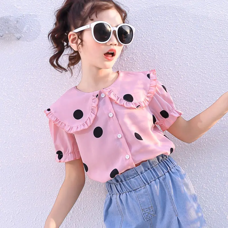 

Girls' Summer Clothes 2025 New Polka Dot Shirt Children's Short Sleeved Top Doll Collar Fashion and Comfortable Kids Clothes