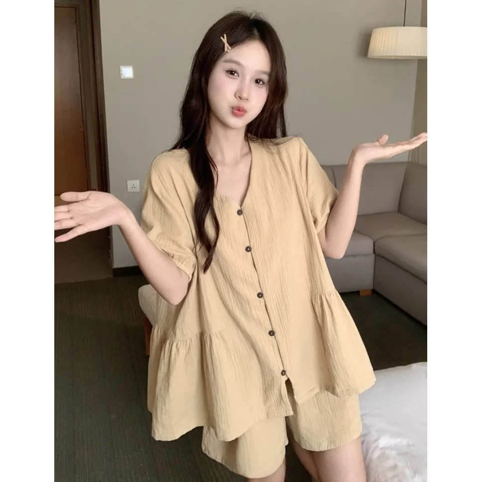 

Korean Style Pure Color Sleepwear Women's Summer New Cardigan Short Sleeve Shorts Home Clothes Set Sweet Cute Style Cloud Cotton