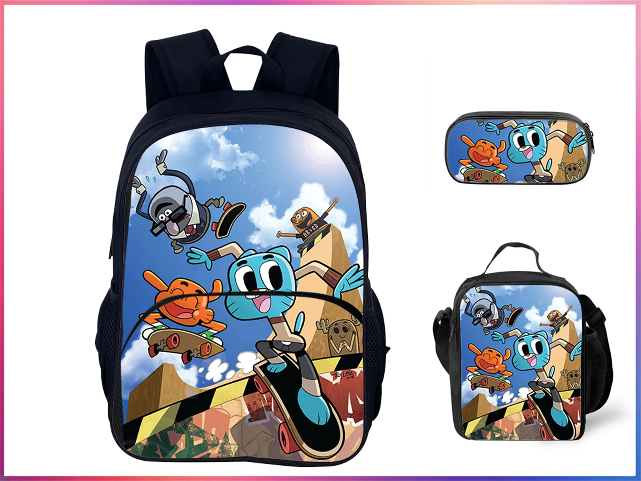

The Amazing World of Gumball Lightweight Girl Backpack 3Pcs Set-Trendy Rucksack+Durable Lunch Box+Pencil Case for Kid